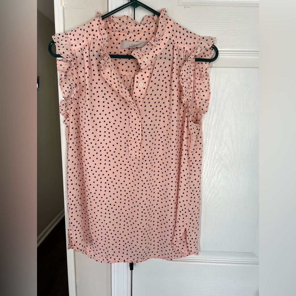 LOFT Blush Pink Heart Print Ruffle Blouse